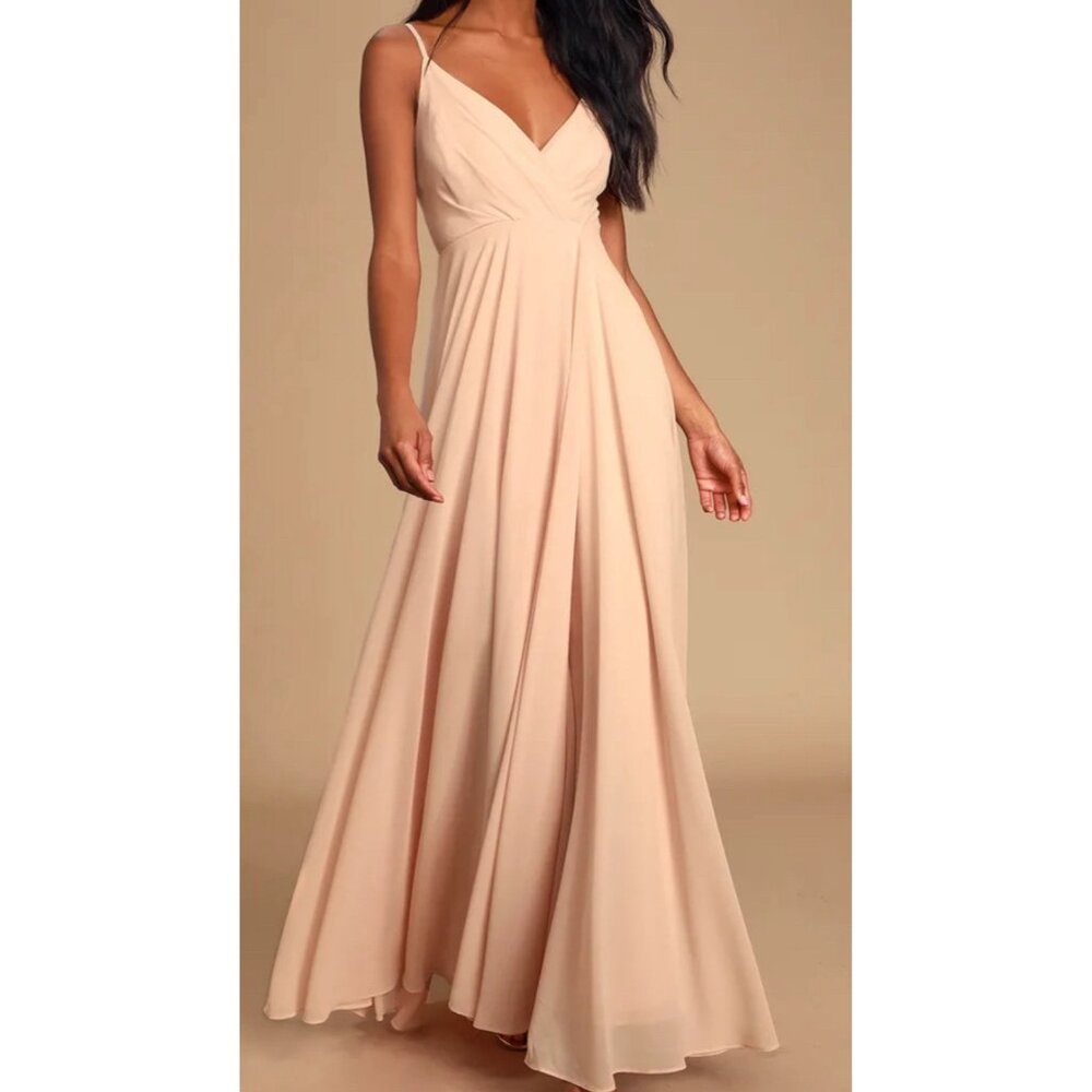 LuLu’s Blush Pink Chiffon Dress Size Small Lined Maxi Zip Back Prom Brides Maids